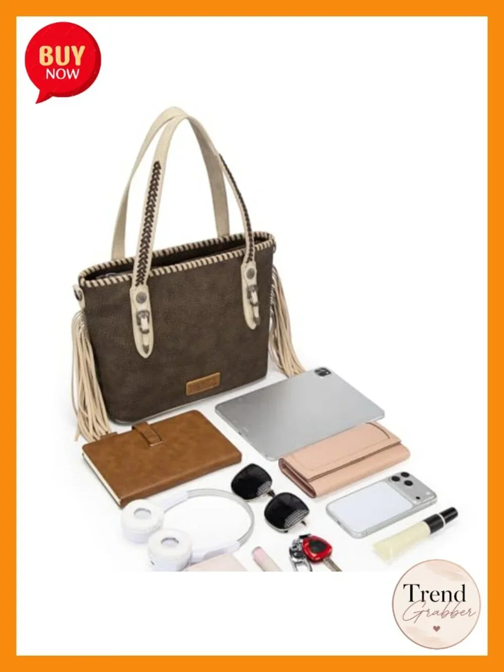 Faux Leather Tote Bag with Fringe and Whipstitch Detail Crossbody
